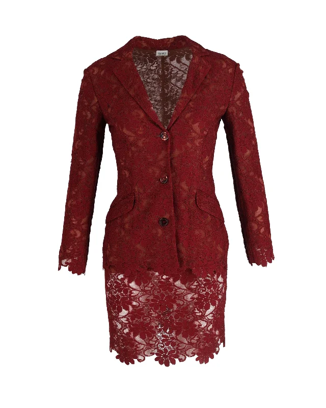 First Order Discount Ozbek Lace Tailored Blazer and Skirt Set in Burgundy Rayon