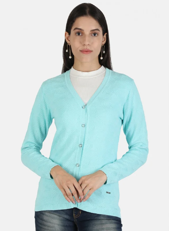 Feminine Flow Women Blue Self Cardigan