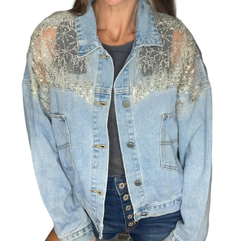 Trendy Fashion Sale Mesh Denim Jacket In Blue