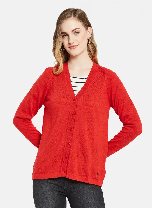 Feminine Grace Women Red Solid Cardigan