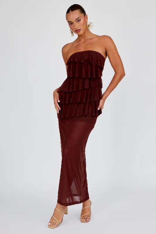 Huge Markdowns Crewe Strapless Ruffle Maxi Dress Chocolate