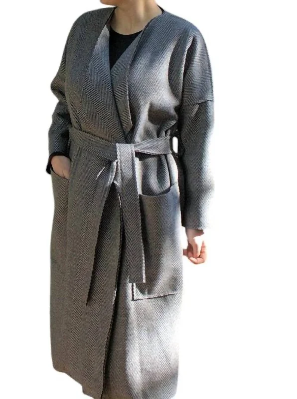 Limited Time Deal Belted Tie Coat In Herringbone Pattern In Light Grey