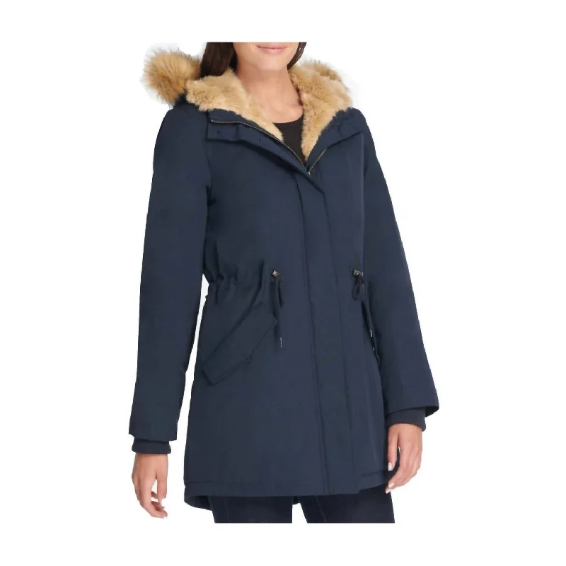 Versatile Outfits Faux Fur Trimmed Hooded Fishtail Parka Jacket In Blue