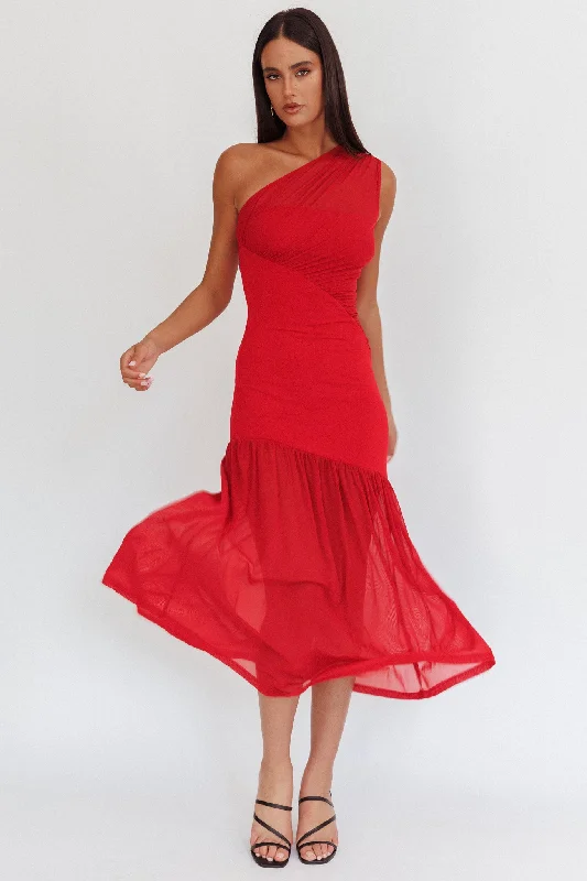 Discover Now Passion One-Shoulder Mesh Maxi Dress Red