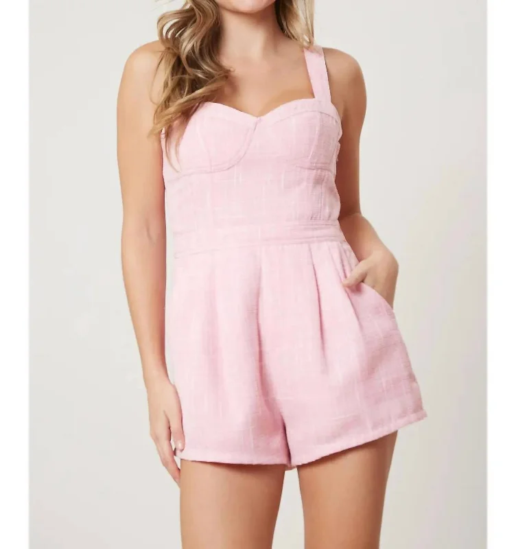 Relaxed Style Tweed Bustier Romper In Pink