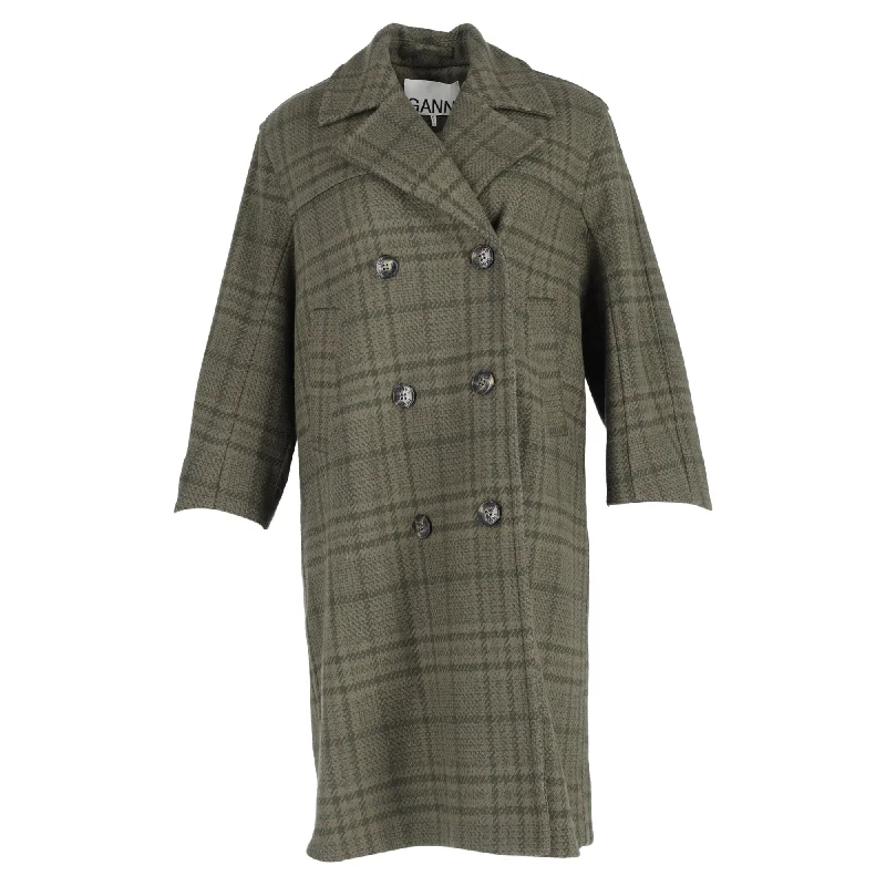 Attire Sale Ganni Double-Breasted Checked Coat in Green Wool