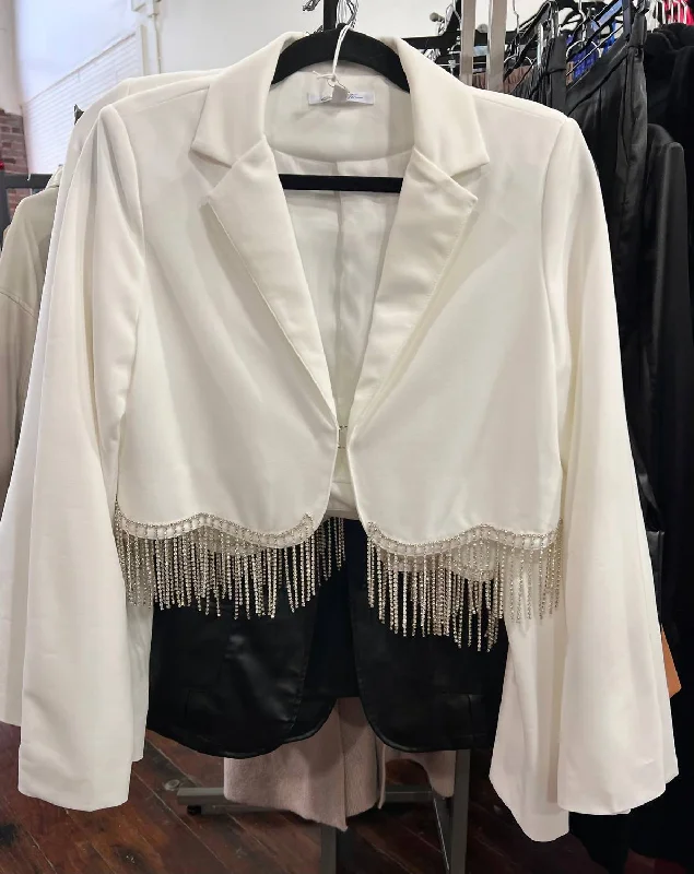 Fashion Forward Femme Women's Rhinestone Fringe Cropped Blazer In White