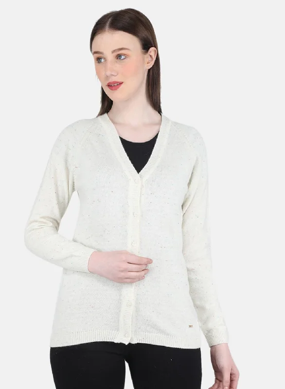 Feminine Elegance Women Off White Solid Cardigan