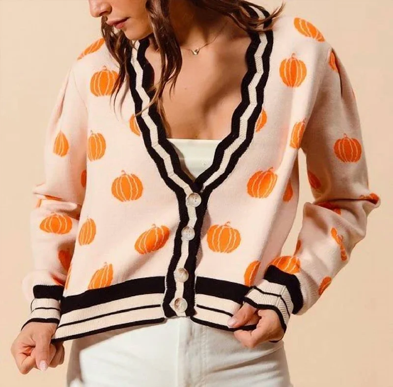 Edgy Fashion Pumpkin Pattern Cardigan In Oatmeal,orange