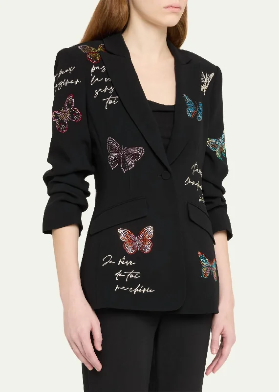 Spring Fashion Butterfly Loveletter Scrunched Blazer In Black Mullti