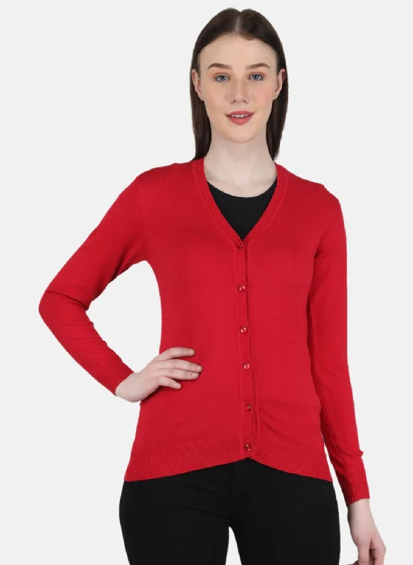 Modern Romance Women Red Self Design Cardigan