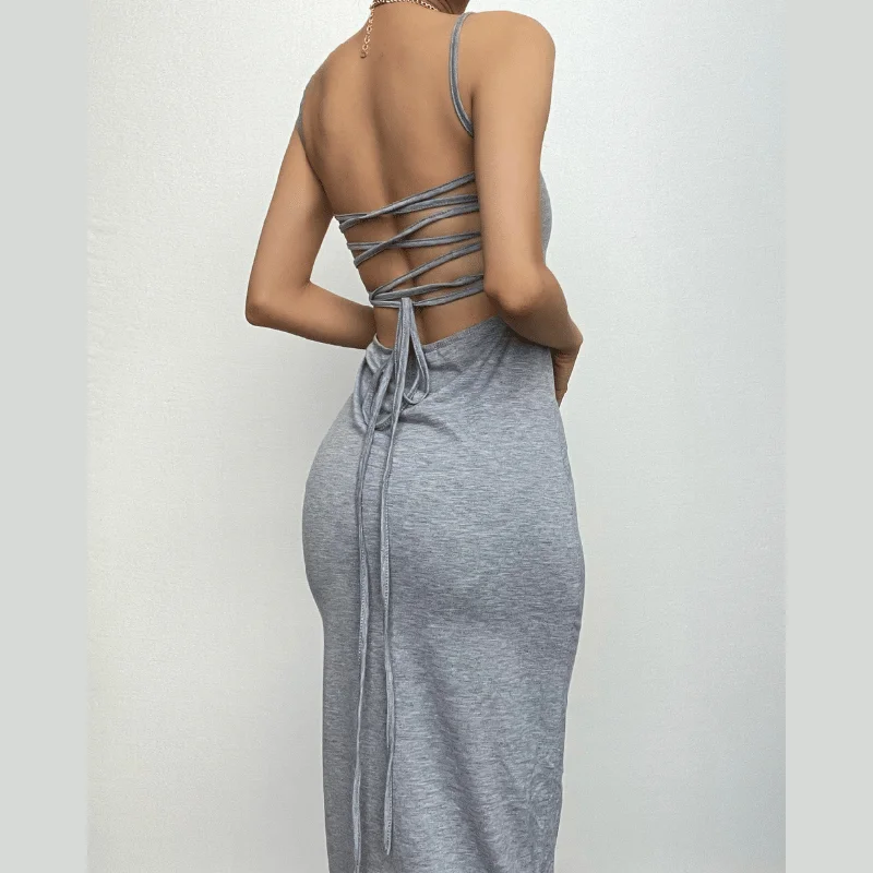 All Season Basics Discount BerryBetty - Cross back lace up self tie backless solid square neck midi dress