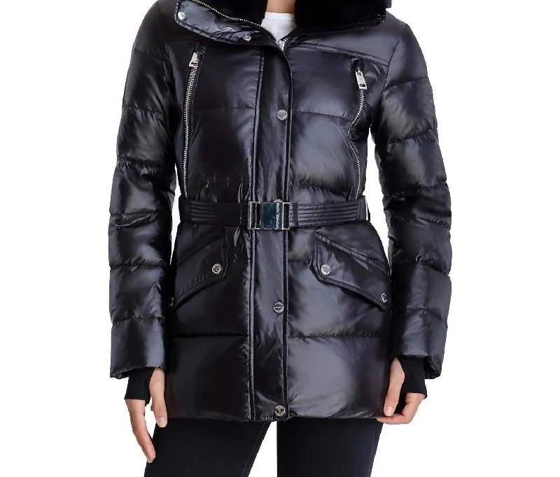 Exquisite Women's Wear Sale Belted Faux Fur Collar Quilted Coat Jacket In Black