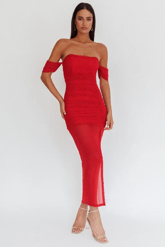 Hot Deals Melonie Off-Shoulder Mesh Maxi Dress Red