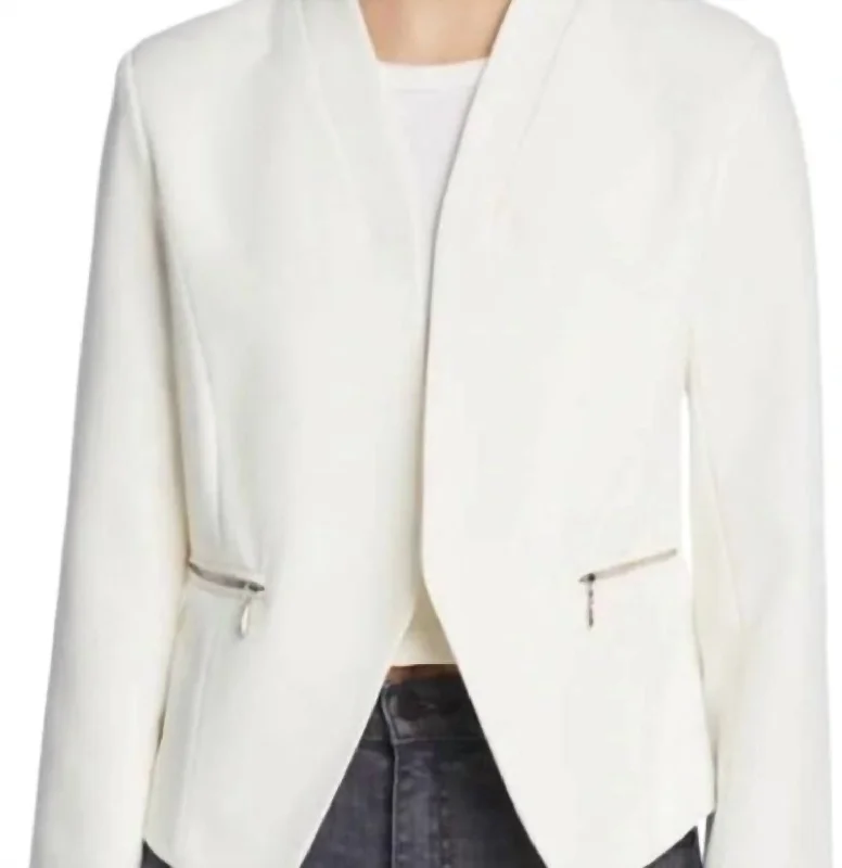 Classic Women's Fashion Zipper Pockets Collarless Open Front Blazer In White