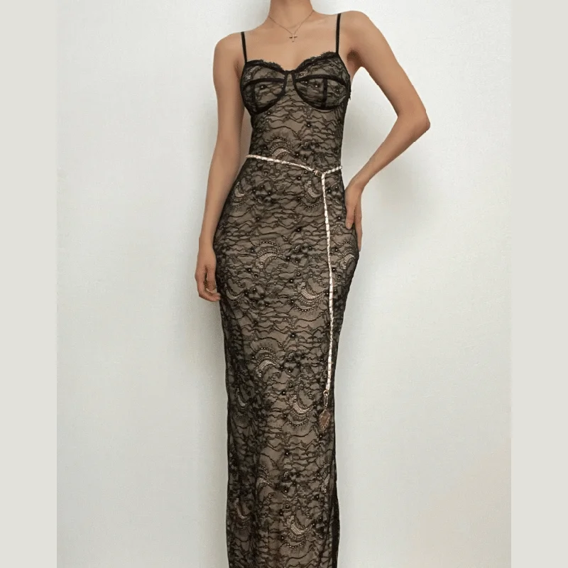 Exclusive Designer Collection BerryBetty - Lace contrast zip-up backless slit cami maxi dress