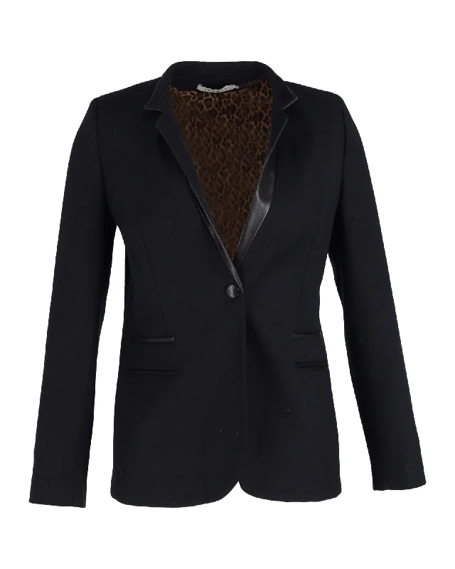 Coastal Beach - Inspired Style Sandro Suit Jacket with Leather Collar in Black Wool