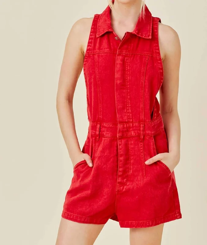 Trendy Pulse Denim Romper In Red