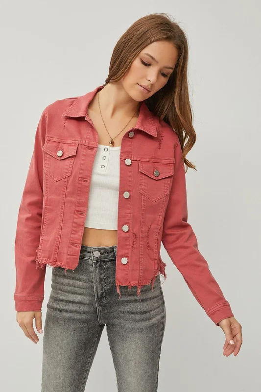 Style Upgrade Raw Hem Button Up Cropped Denim Jacket