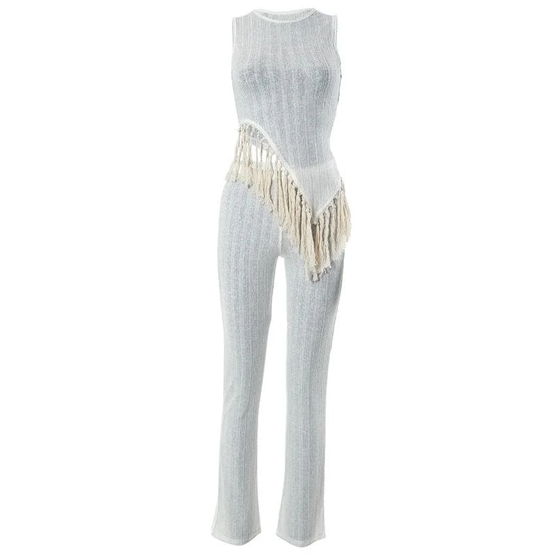 Clearance Sale, All Cheap BerryBetty - Irregular sleeveless textured crewneck tassels solid pant set