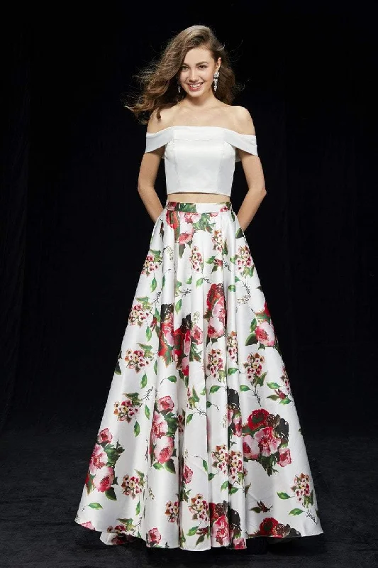 Preppy Style Angela & Alison - Crop Top Floral Sweep Train Ballgown 81120SC