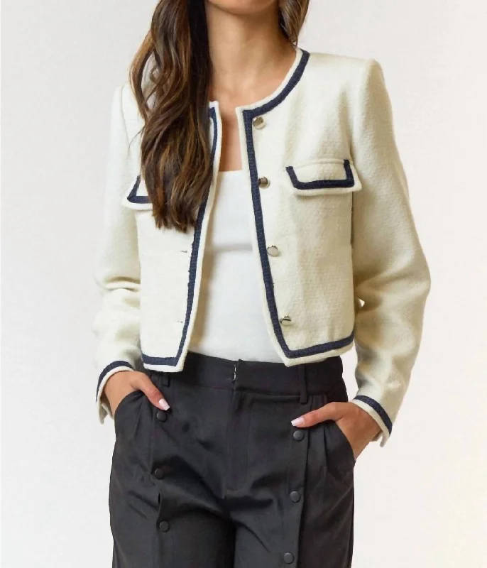 Save Big Alpha Tweed Long Sleeve Blazer Jacket In Cream/navy