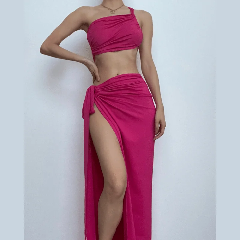 Limited Stock, Big Sale BerryBetty - Ruched solid one shoulder irregular self tie maxi skirt set