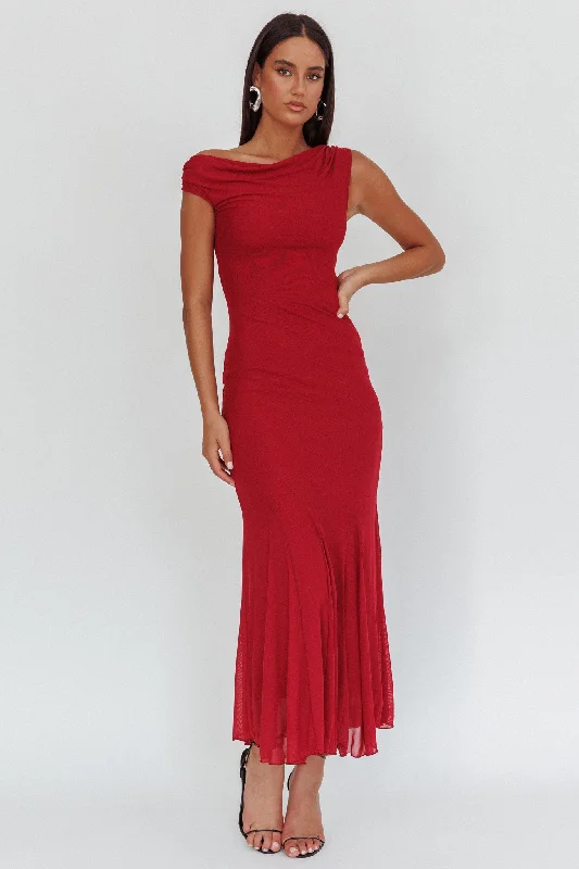 Best Sellers Diana Asymmetric Shoulder Godet Maxi Dress Wine