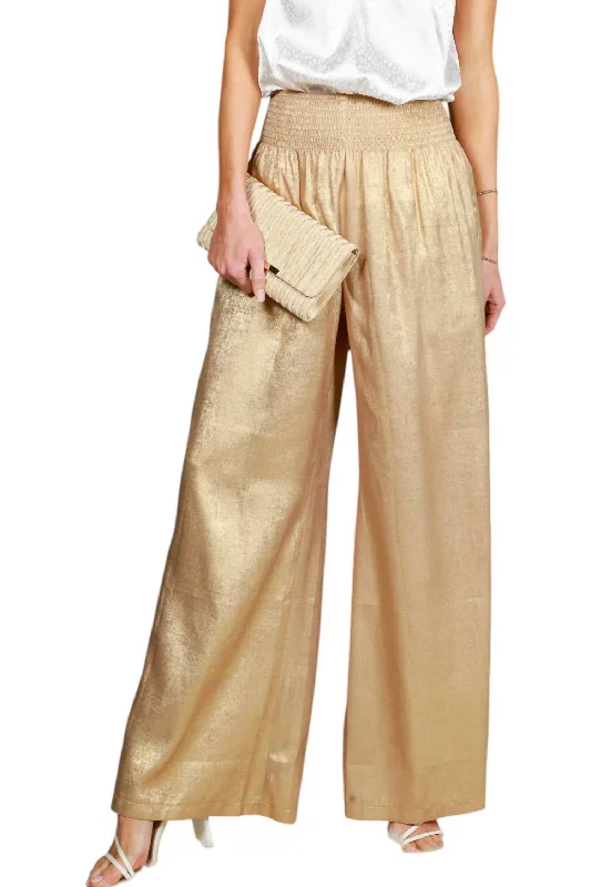 Style Streetwear Elastic Smocked Waist Band Pants In Gold