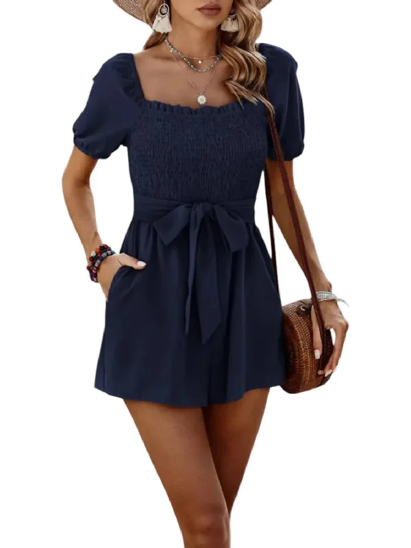 Catch Every Fashion Trend Square Neck Smocked Romper In Navy