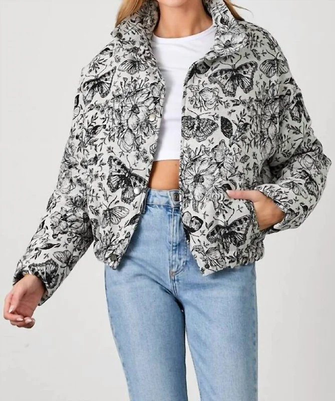 Lightweight Fabric Fantasia Floral Jacquard Puff Jacket In Grey