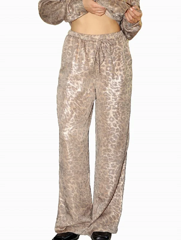 Stylish Statements Women's Metallic Leopard Satin Pant In Brown