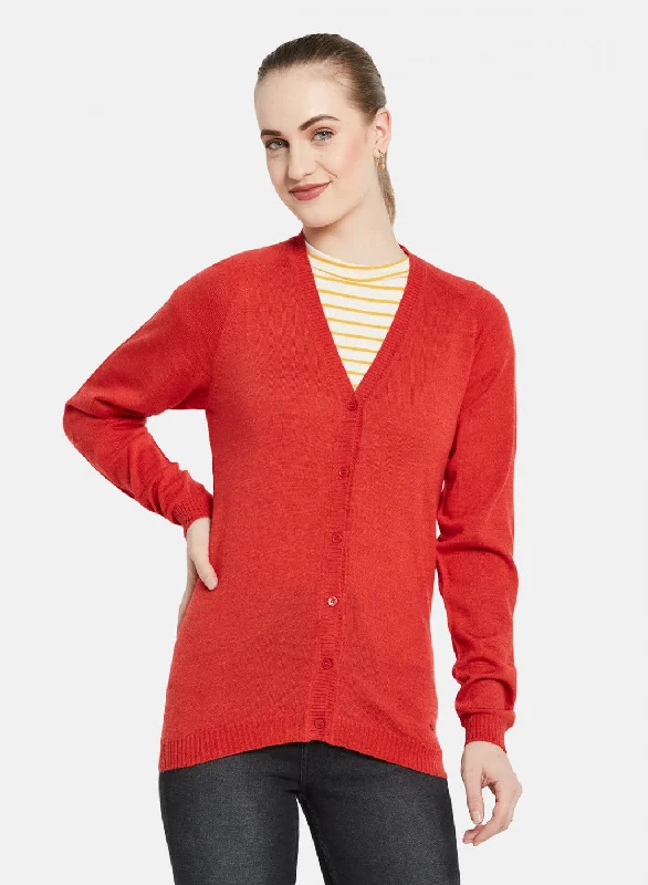 Vintage Elegance Women Red Solid Cardigan