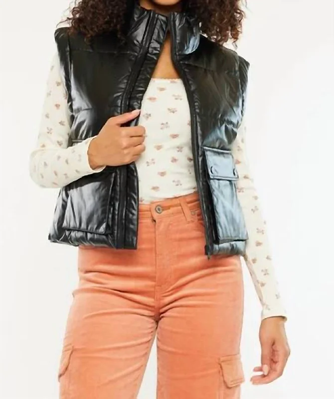 Trend Setting Threads Obsidian Cropped Faux Leather Puffer Vest In Black