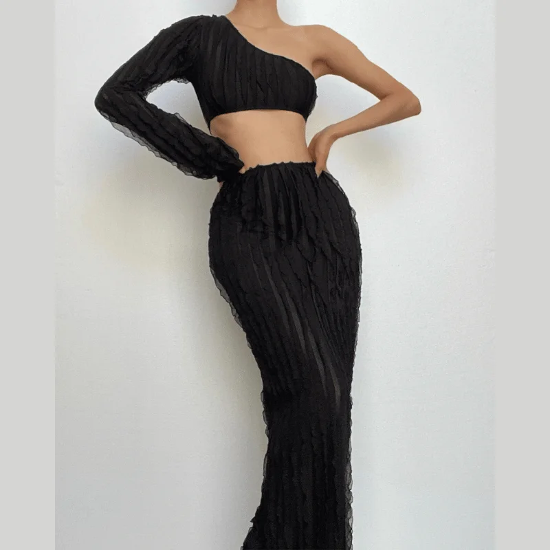 Style Your Wardrobe BerryBetty - One shoulder long sleeve irregular ruffle textured maxi skirt set