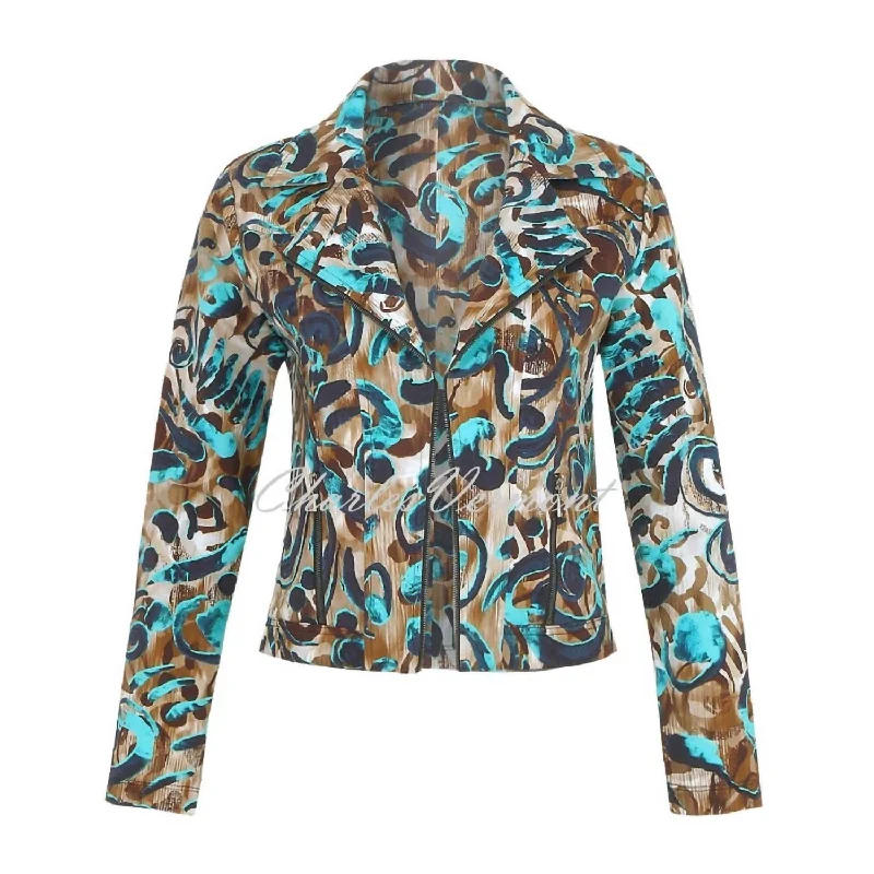 Athleisure Wear Knit Abstract Moto Jacket In Brown, Aqua, Multi