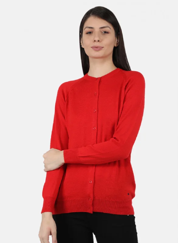 Elegant Contour Women Red Solid Cardigan