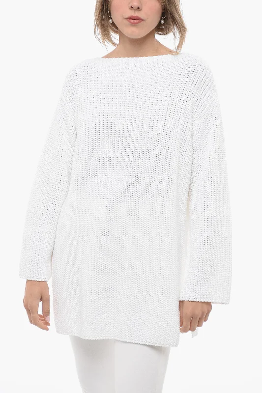 Seasonal Picks Salvatore Ferragamo Crew Neck Pure Cotton Sweater with Side Splits