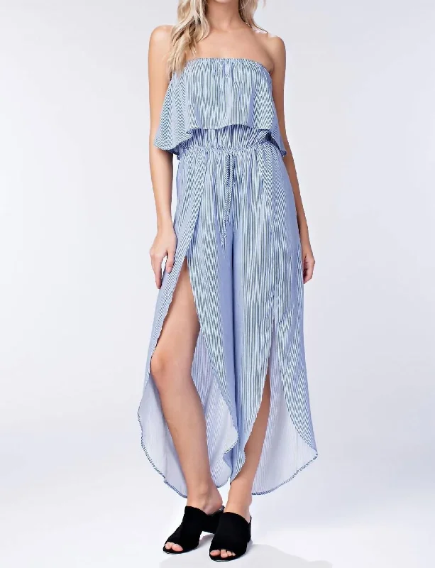 Trendy And Individual Women's Fashion All Aboard Striped Jumpsuit In Blue