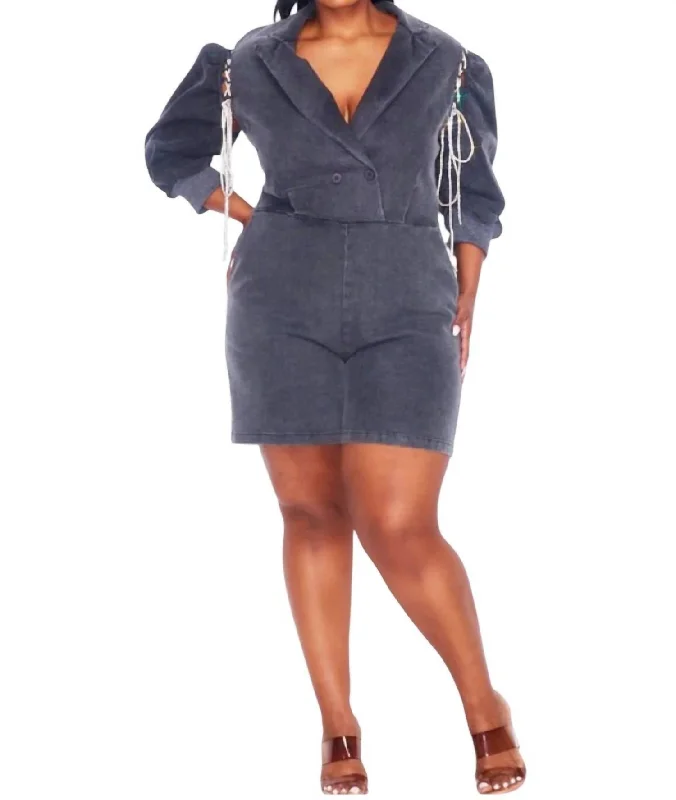 Vintage Inspired Fashion Sale Stretch Denim Romper In Black