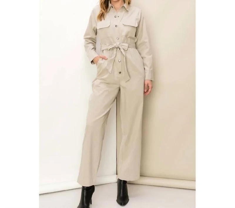 Elegant Clothing Relaxing Weekend Tie-Belt Jumpsuit In Tan