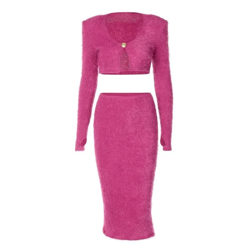 Special Offer For You BerryBetty - Textured button long sleeve gloves midi skirt set