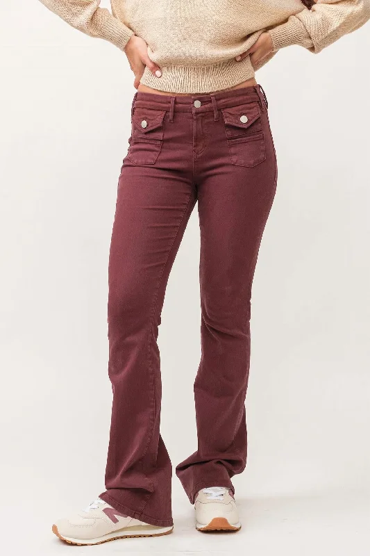 Vintage Inspired Fashion Sale Jaxtyn Mid Rise Clean Hem Bootcut Jeans In Maroon