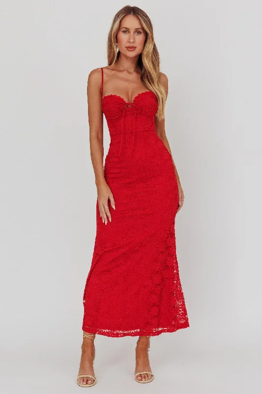 Season Offer Passione Tied Bust Lace Maxi Dress Cherry