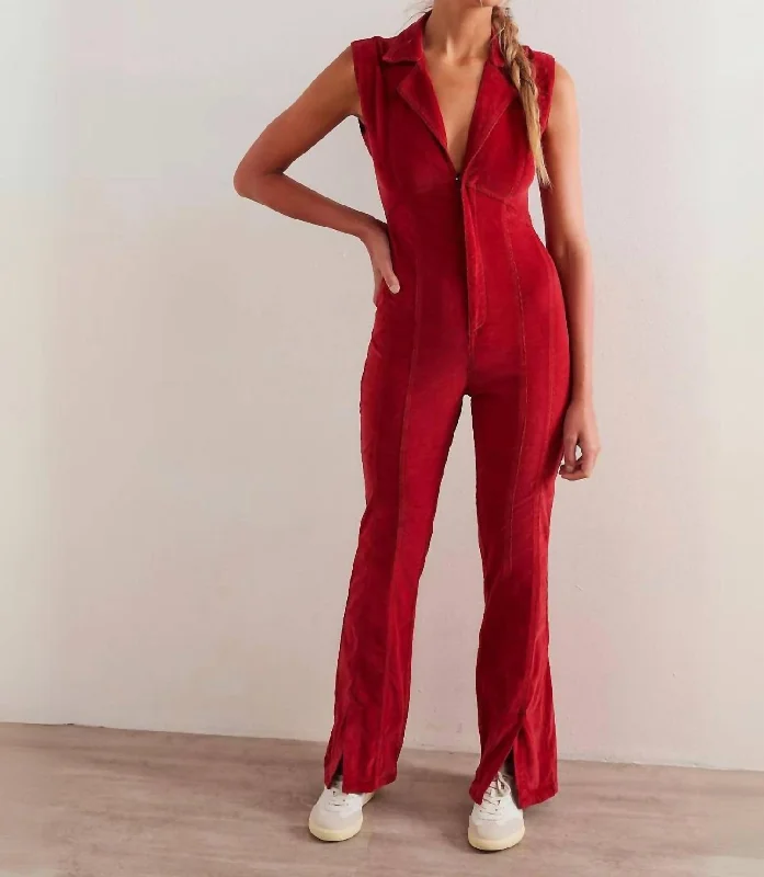 Style Your Wardrobe Crvy Ring The Alarm Corduroy Jumpsuit In Haute Red