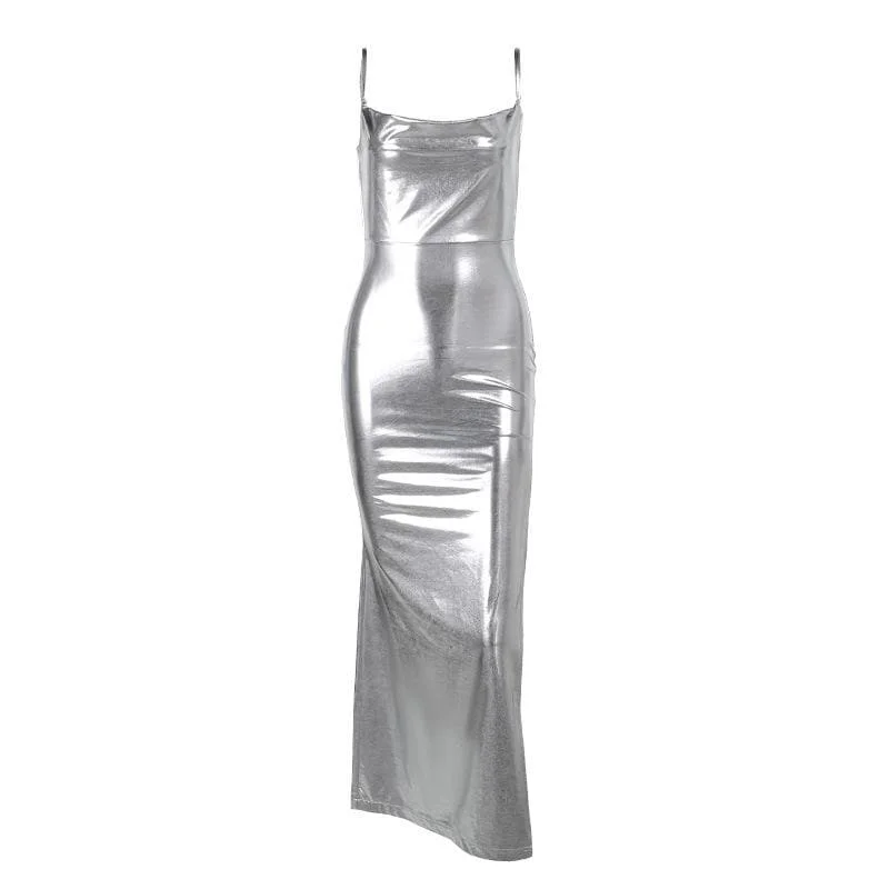 Absurdly Cheap Sale BerryBetty - Cowl neck slit backless metallic cami midi dress