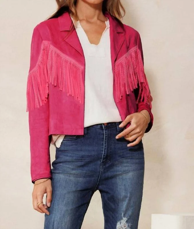 Pastel Styles Cropped Fringe Jacket In Bubble Gum