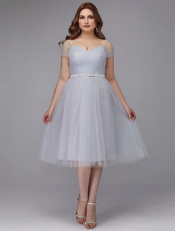 Limited Time Flash Sale A-Line Elegant Dress Wedding Guest Tea Length Short Sleeve Off Shoulder Tulle with Sash / Ribbon