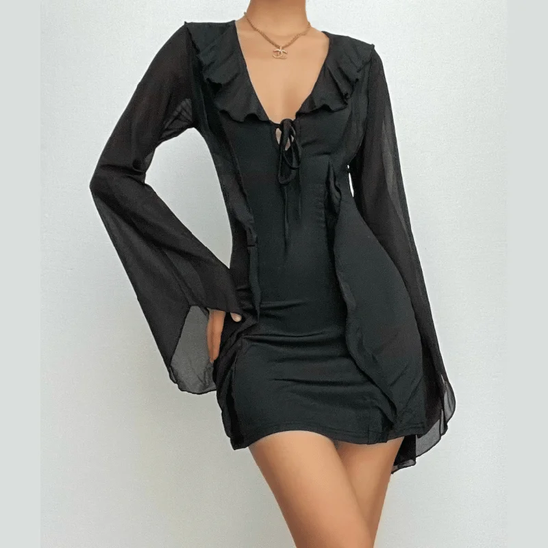 Effortless Everyday Wear BerryBetty - Ruffle long flared sleeve self tie chiffon solid mini dress