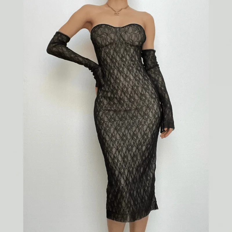 Explore What's New BerryBetty - Lace gloves sweetheart neck backless tube midi dress